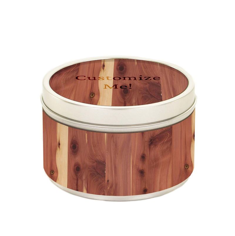 Cedar candle displaying customizable lid