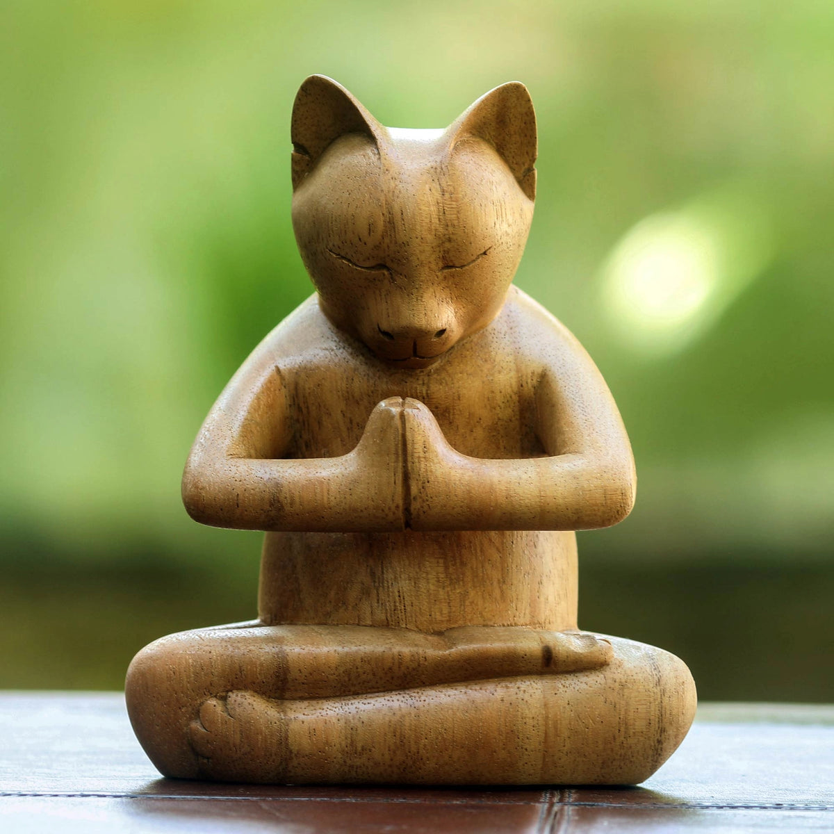 Carved Suar Wood Sculpture - Mindful Cat