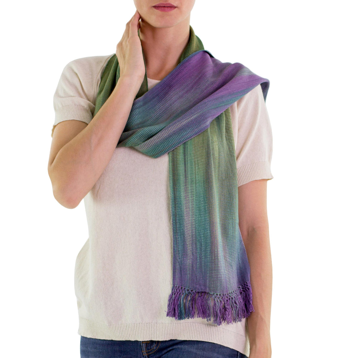 Purple Green Hand Crafted Rayon Scarf