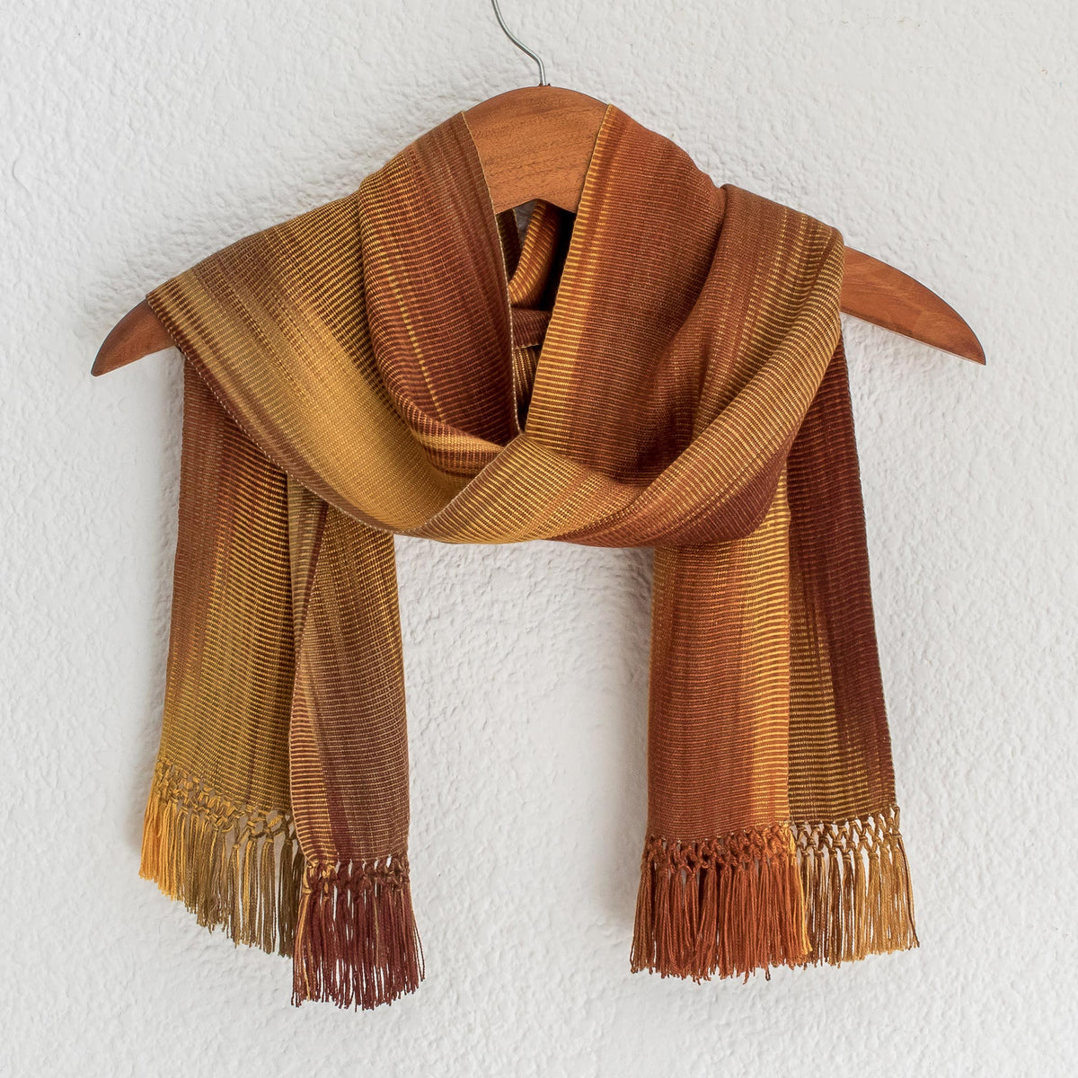 Ocher and Copper Hand Woven Rayon Scarf - Iridescent Ocher