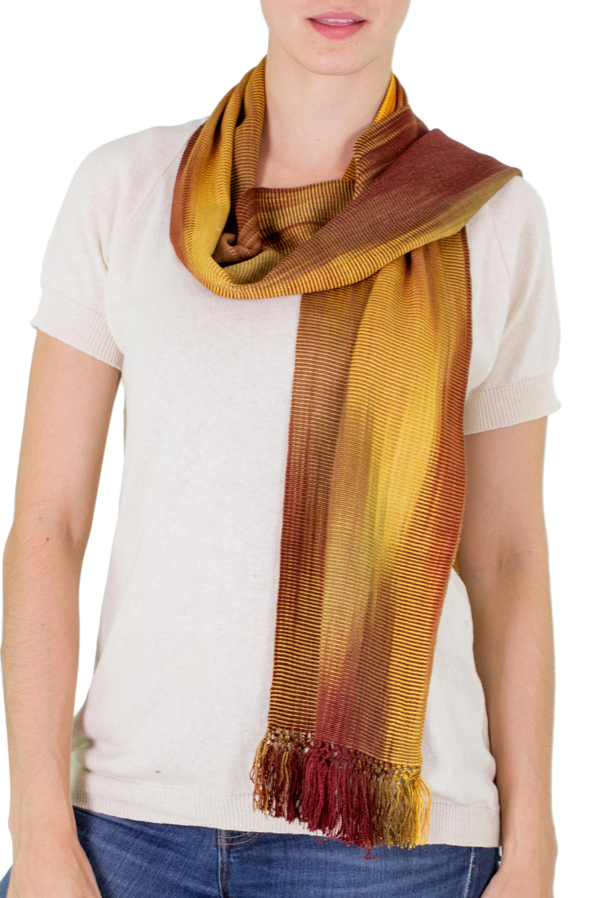 Ocher and Copper Hand Woven Rayon Scarf - Iridescent Ocher