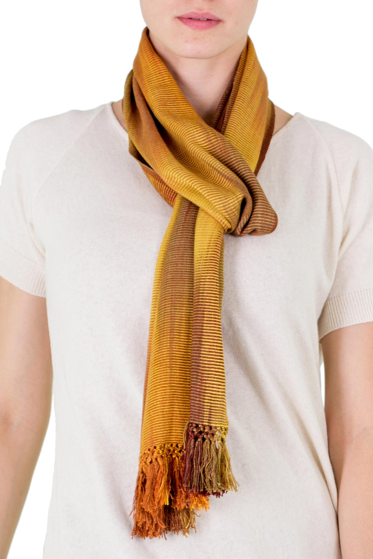 Ocher and Copper Hand Woven Rayon Scarf - Iridescent Ocher
