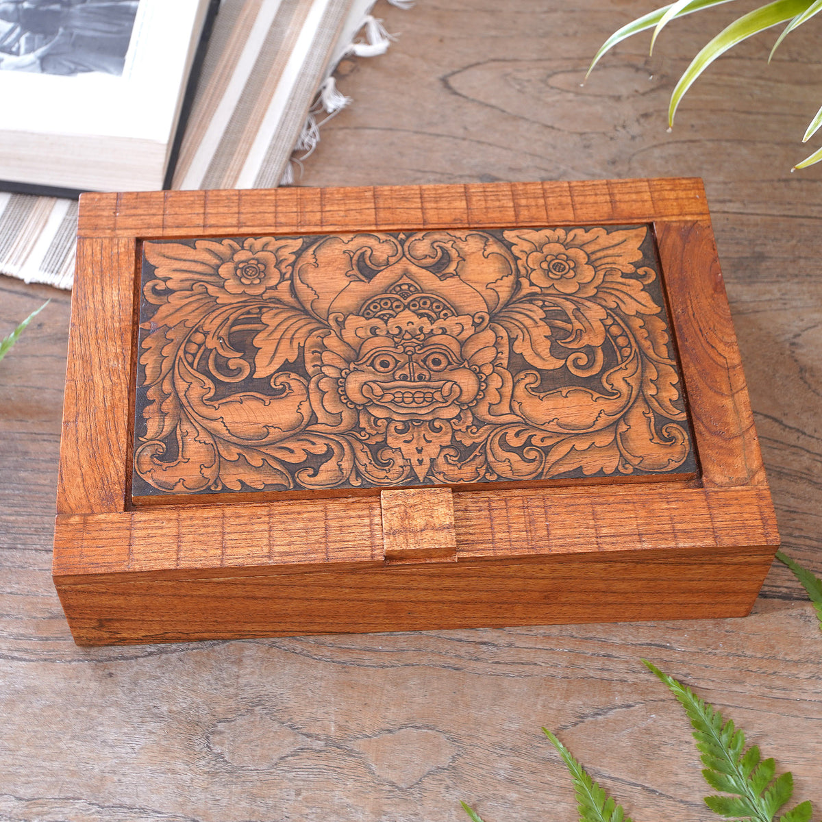 Hand Carved Wood Decorated Jewelry Box from Indonesia - Bhoma Treasure