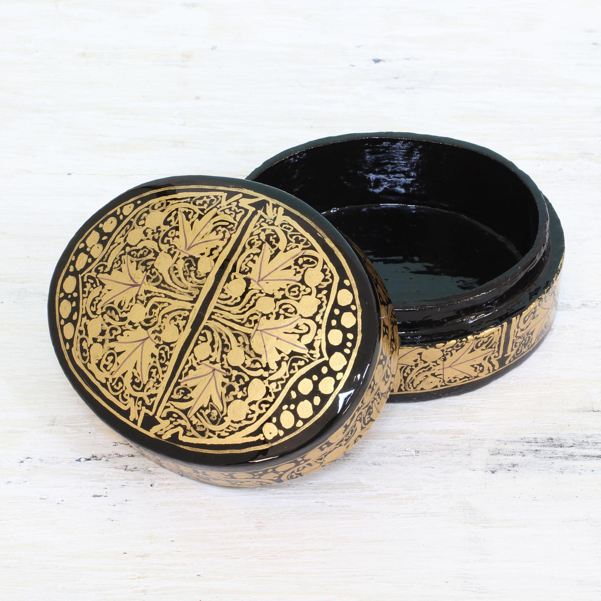 Serene Grandeur - Black and Gold Papier Mache Decorative Box from India