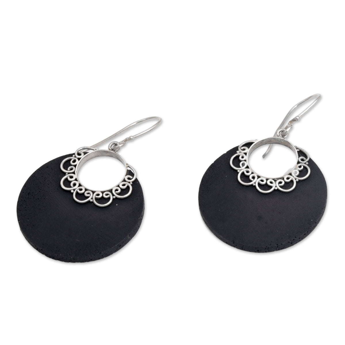 Sterling Silver and Lava Stone Earrings, 'Crescent Lace'
