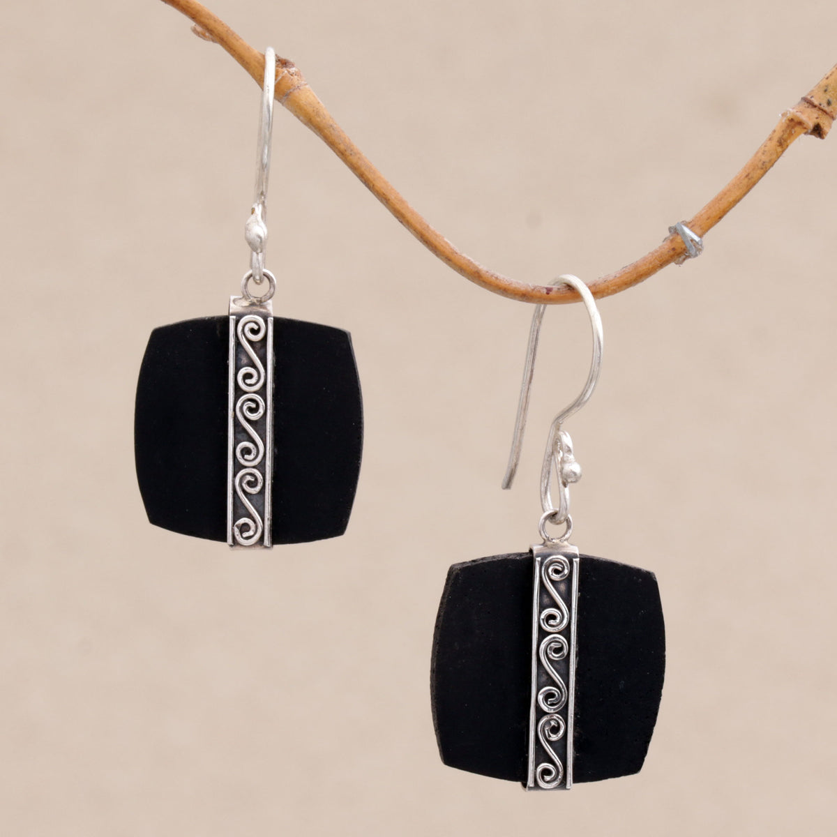 Temple Bands - a Sterling Silver and Lava Stone Spiral Motif Dangle Earrings