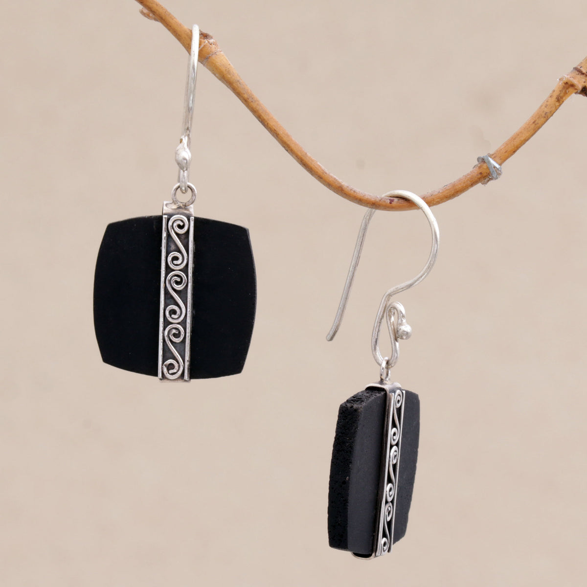 Temple Bands - a Sterling Silver and Lava Stone Spiral Motif Dangle Earrings