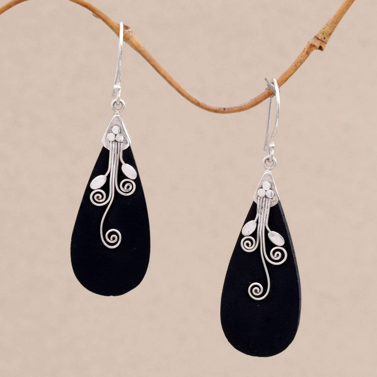 Reaching Vines - a Sterling Silver and Lava Stone Drop Shaped Earrings
