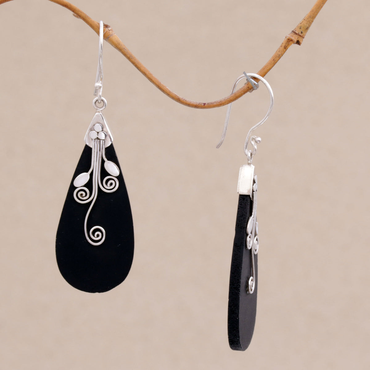 Reaching Vines - a Sterling Silver and Lava Stone Drop Shaped Earrings