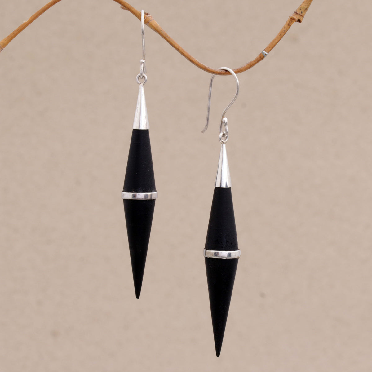 Elegant Cones - a Sterling Silver and Sono Wood Cone-Shaped Dangle Earrings