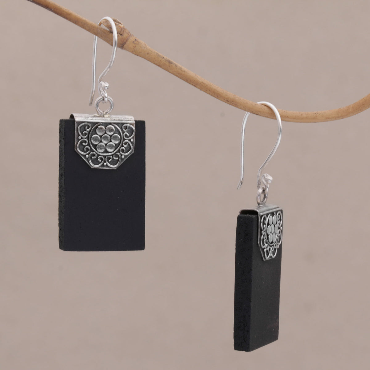 Bars of Midnight - a Rectangular Lava Stone and 925 Silver Earrings from Bali
