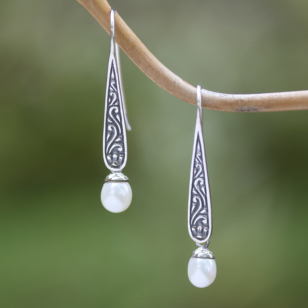 Cultured Pearl Spiral Motif Dangle Earrings from Bali - Rising Swirls
