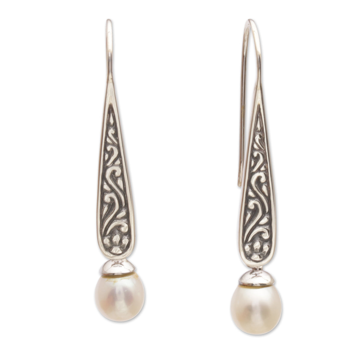 Cultured Pearl Spiral Motif Dangle Earrings from Bali - Rising Swirls