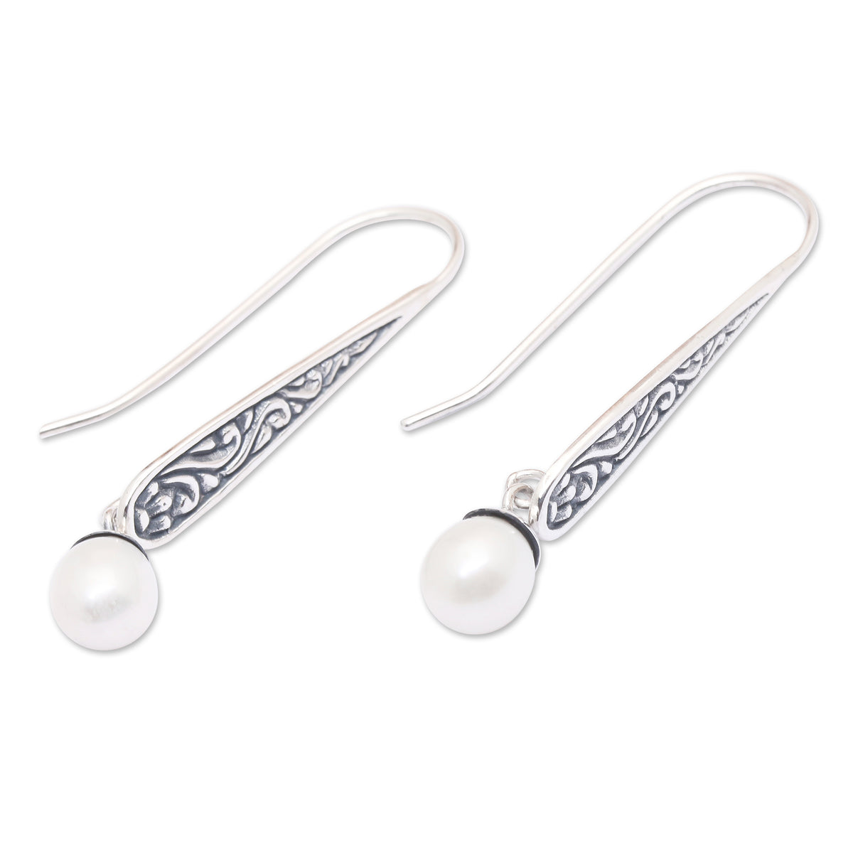 Cultured Pearl Spiral Motif Dangle Earrings from Bali - Rising Swirls