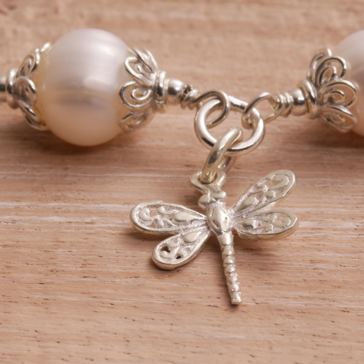 Moonlight Dragonfly - Cultured Pearl and Sterling Silver Dragonfly Charm Bracelet