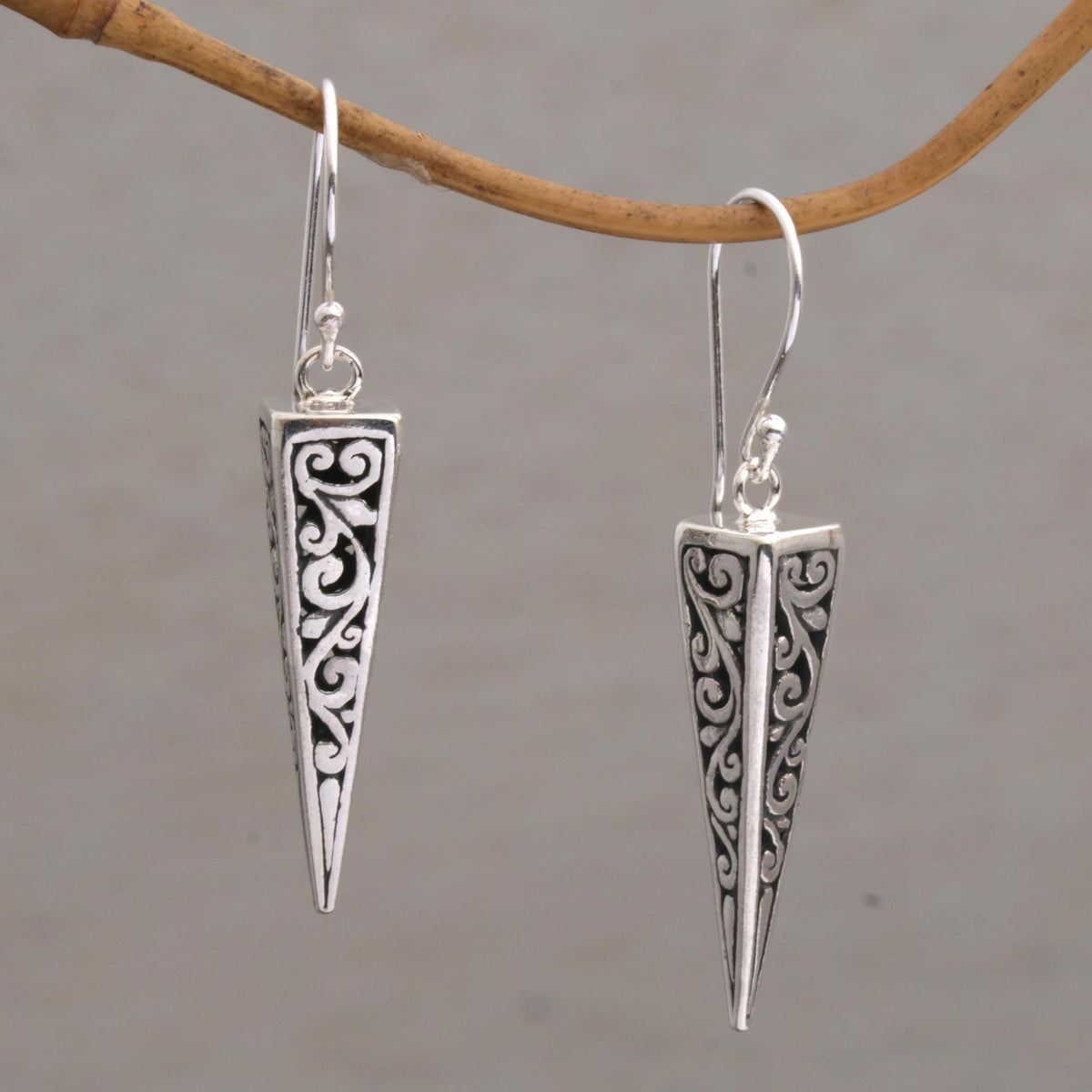 Vine Pyramids - a Pair of Sterling Silver Pyramid-Shaped Earrings from Bali