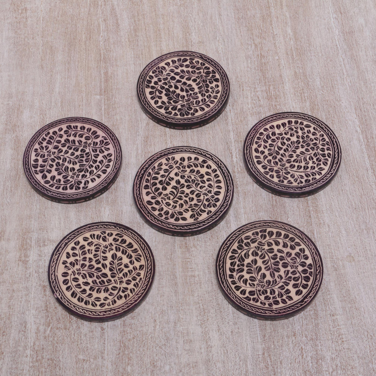 Set of 6 Indonesian Cream and Black Wood Batik Coasters