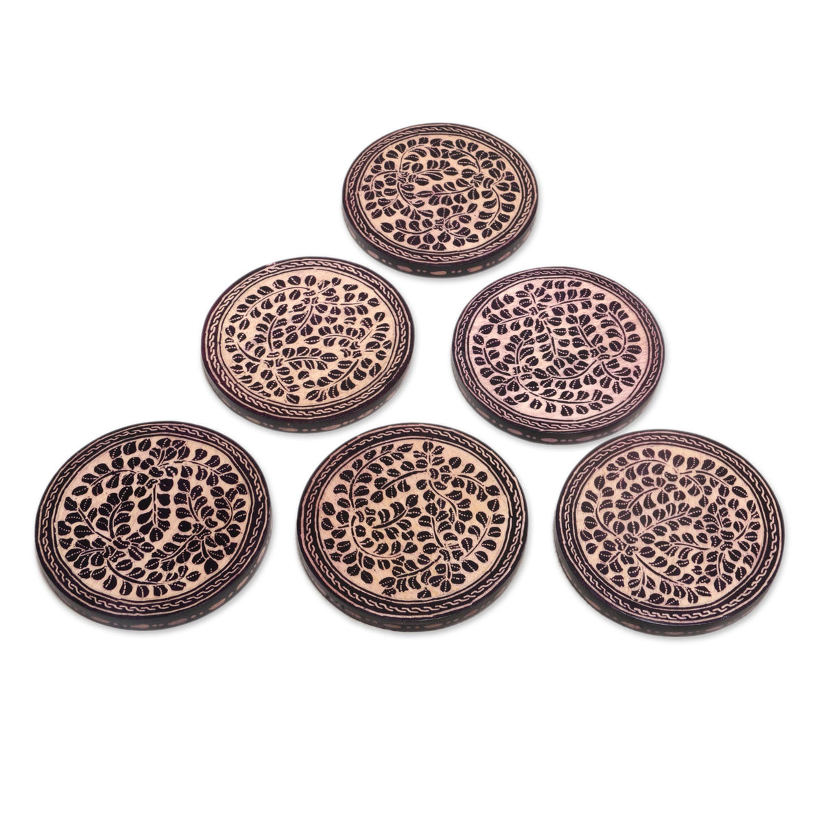Set of 6 Indonesian Cream and Black Wood Batik Coasters