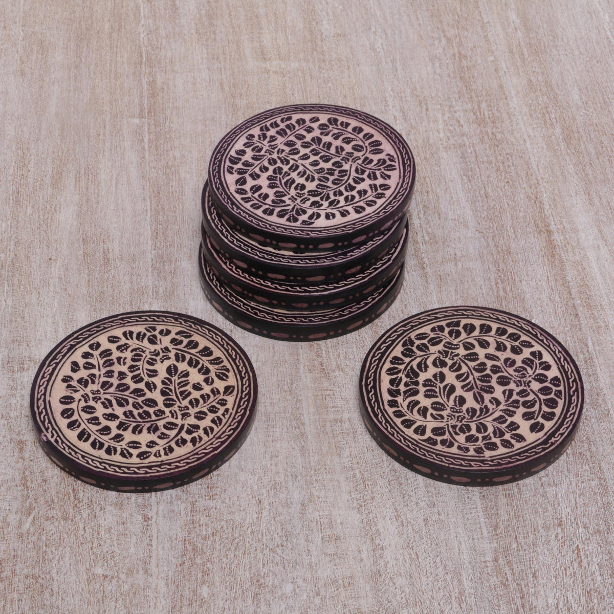 Set of 6 Indonesian Cream and Black Wood Batik Coasters