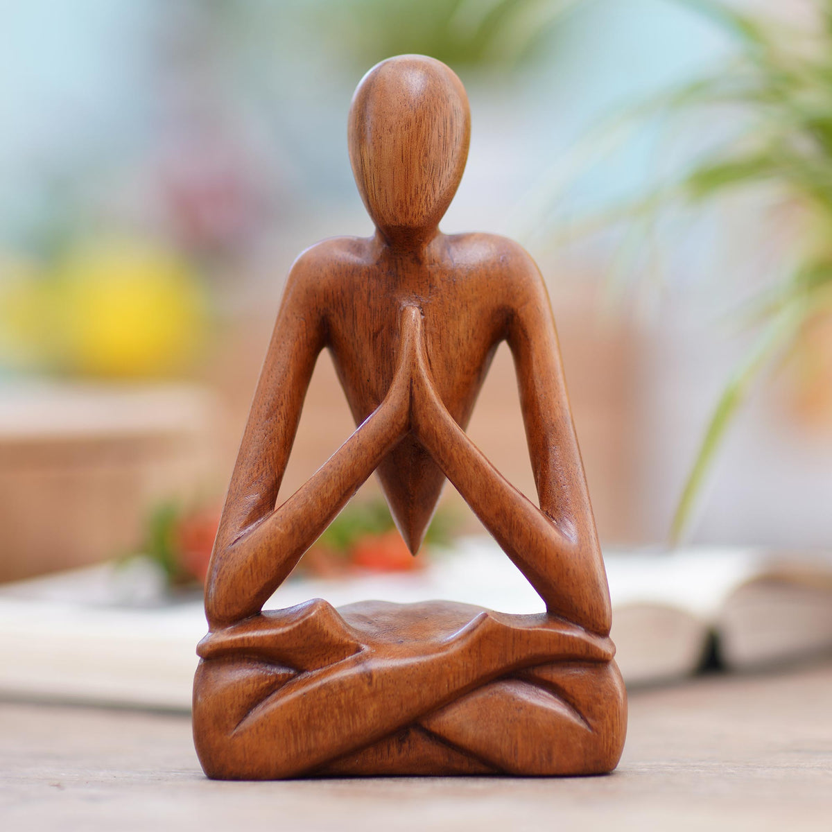 Wood Lotus Meditation Yoga Sculpture Hand Carved in Bali - Natural Meditation