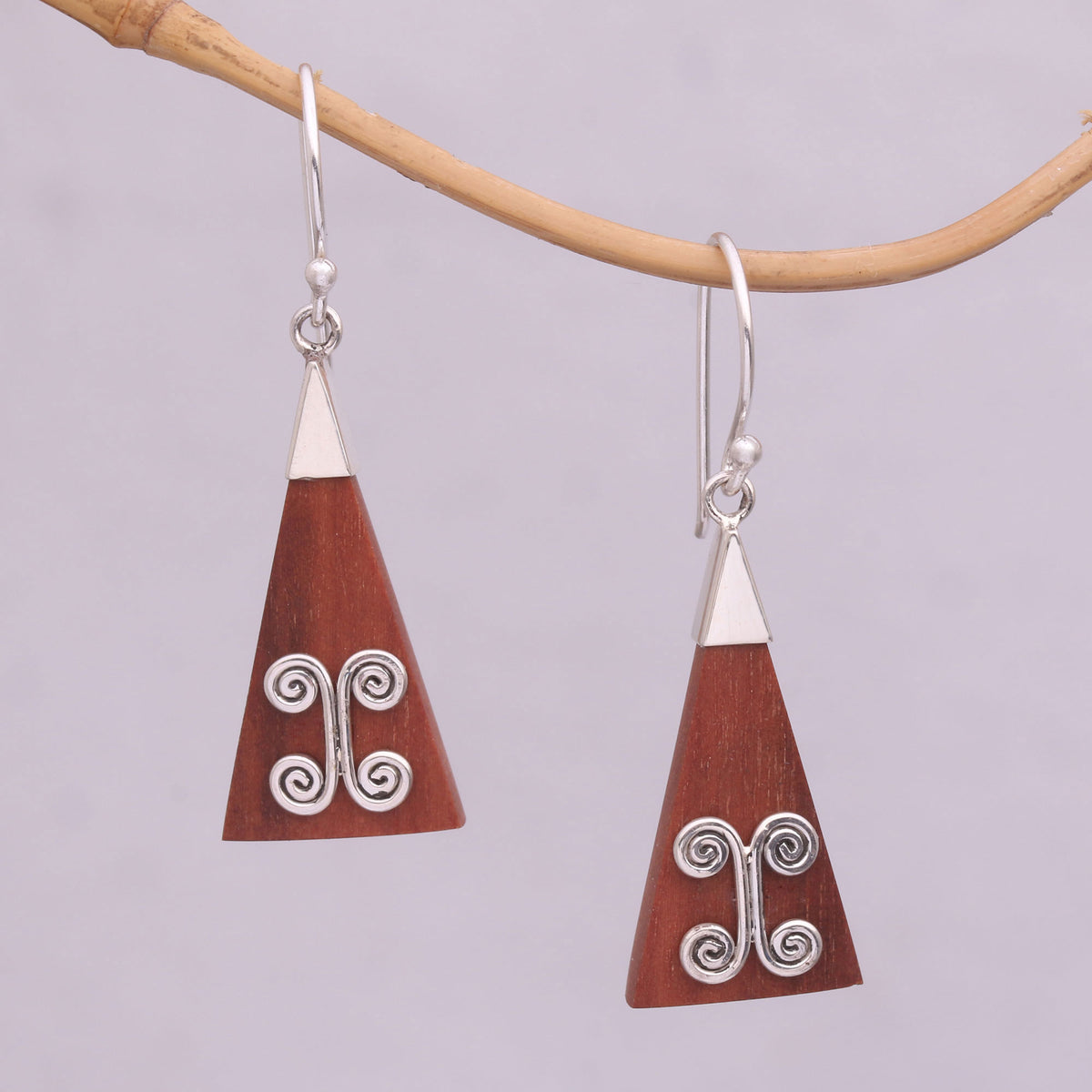Reach - A Pair of Wood Triangle Sterling Silver Swirl Modern Dangle Earrings