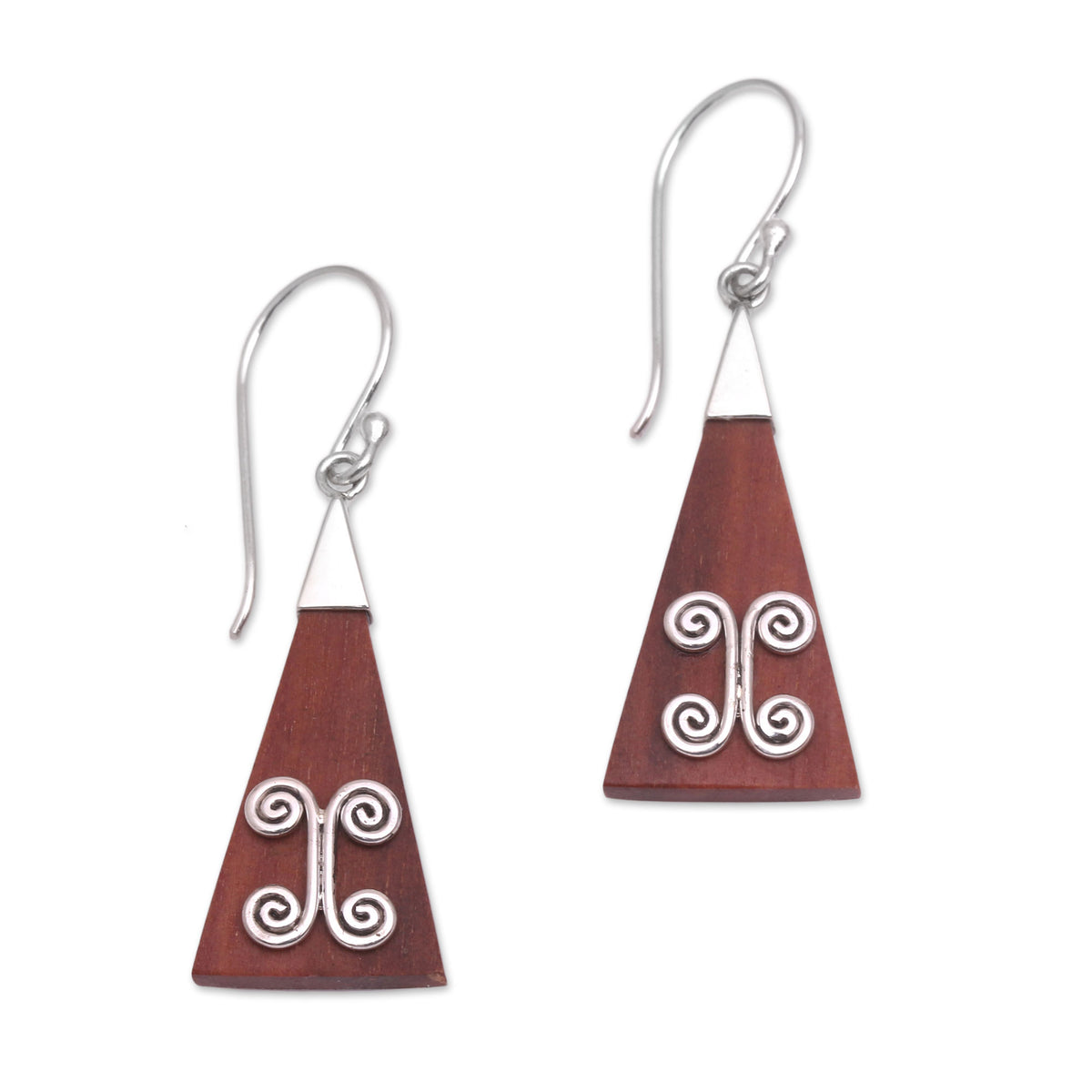 Reach - A Pair of Wood Triangle Sterling Silver Swirl Modern Dangle Earrings