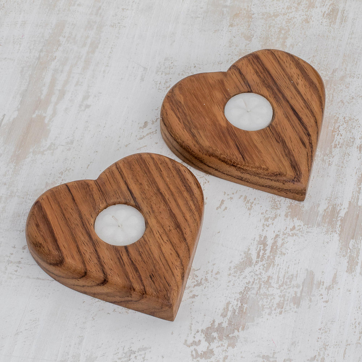 Lovely Light - a Pair of Heart-Shaped Wood Tealight Holders from Guatemala (Pair)