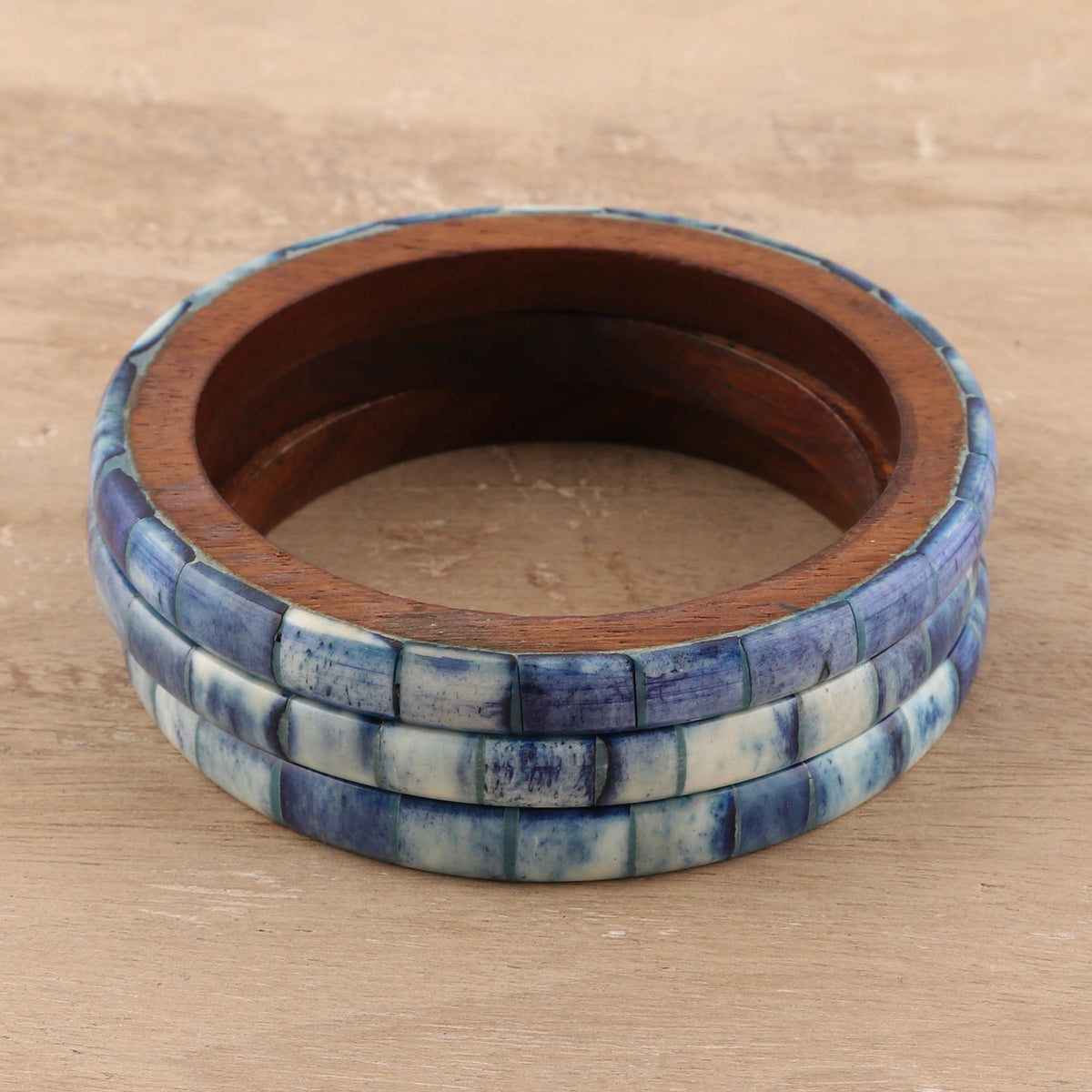 Blue Saga - a Set of Three Blue Bone and Mango Wood Bangle Bracelets 