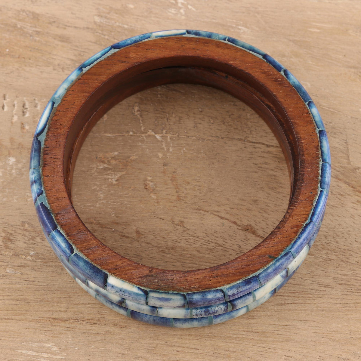 Blue Saga - a Set of Three Blue Bone and Mango Wood Bangle Bracelets 