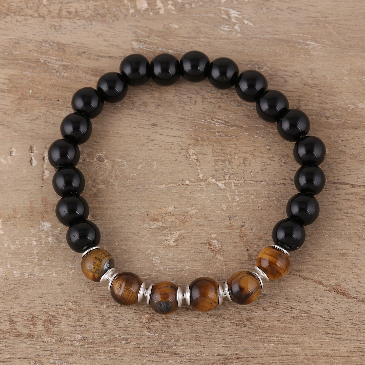 Evening Fantasy - an Onyx and Tiger's Eye Beaded Stretch Bracelet from India