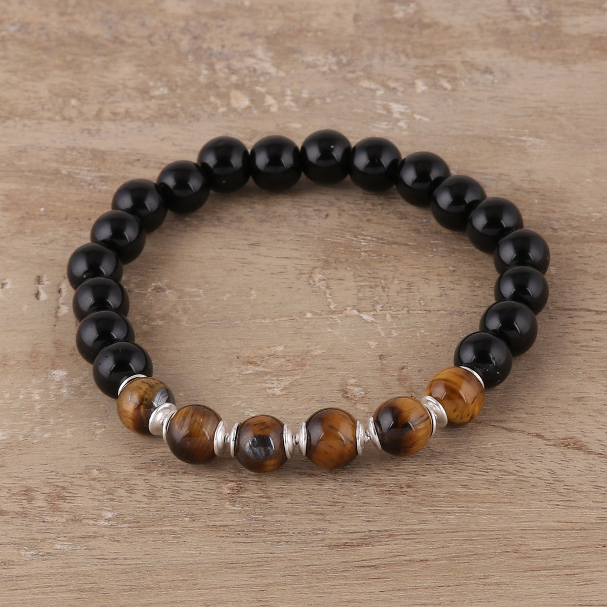 Evening Fantasy - an Onyx and Tiger's Eye Beaded Stretch Bracelet from India