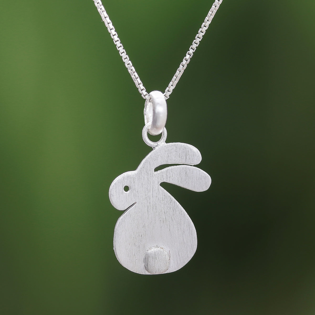 Brushed-Satin Sterling Silver Rabbit Pendant Necklace - Fluffy Rabbit