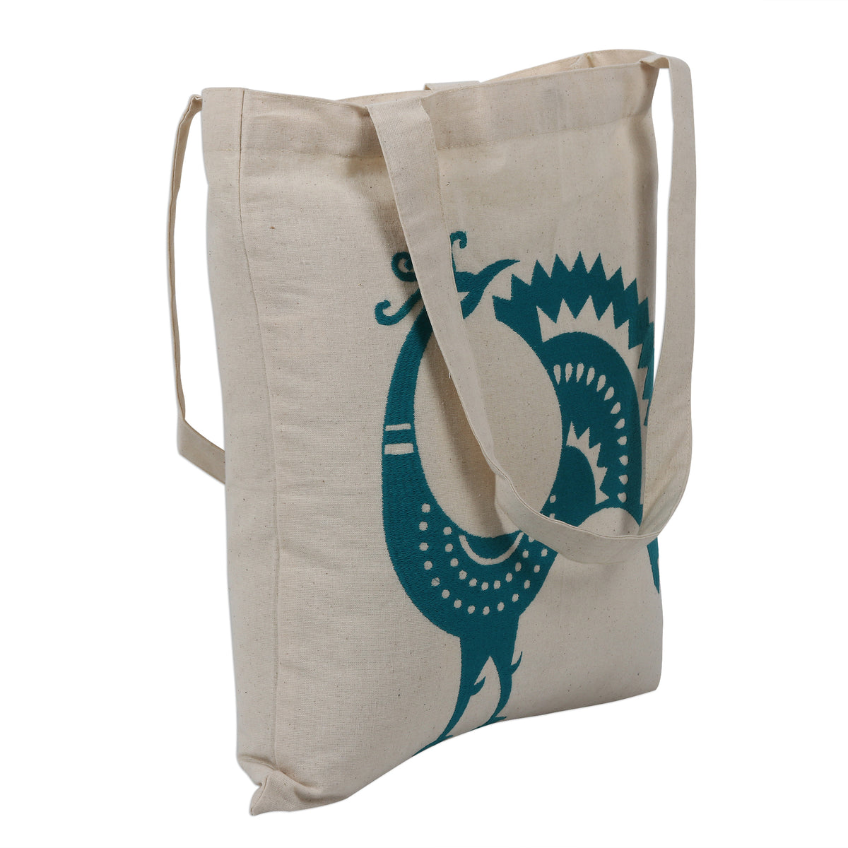 Peacock Pose in Teal - an Embroidered Peacock Cotton Shoulder Bag in Teal from India