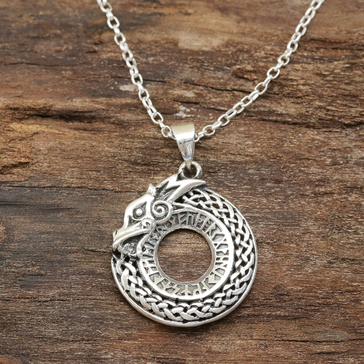 Dragon Ouroboros - a Circular Sterling Silver Dragon Necklace from India