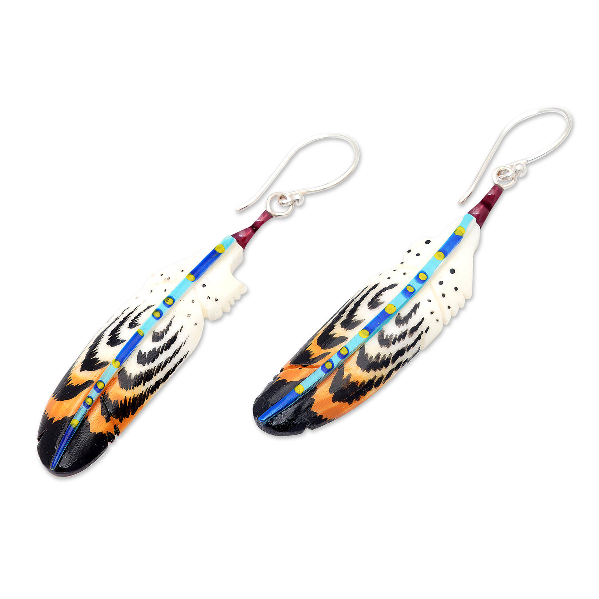 Hand-Painted Garnet Accent Feather Dangle Earrings - Antique Feathers