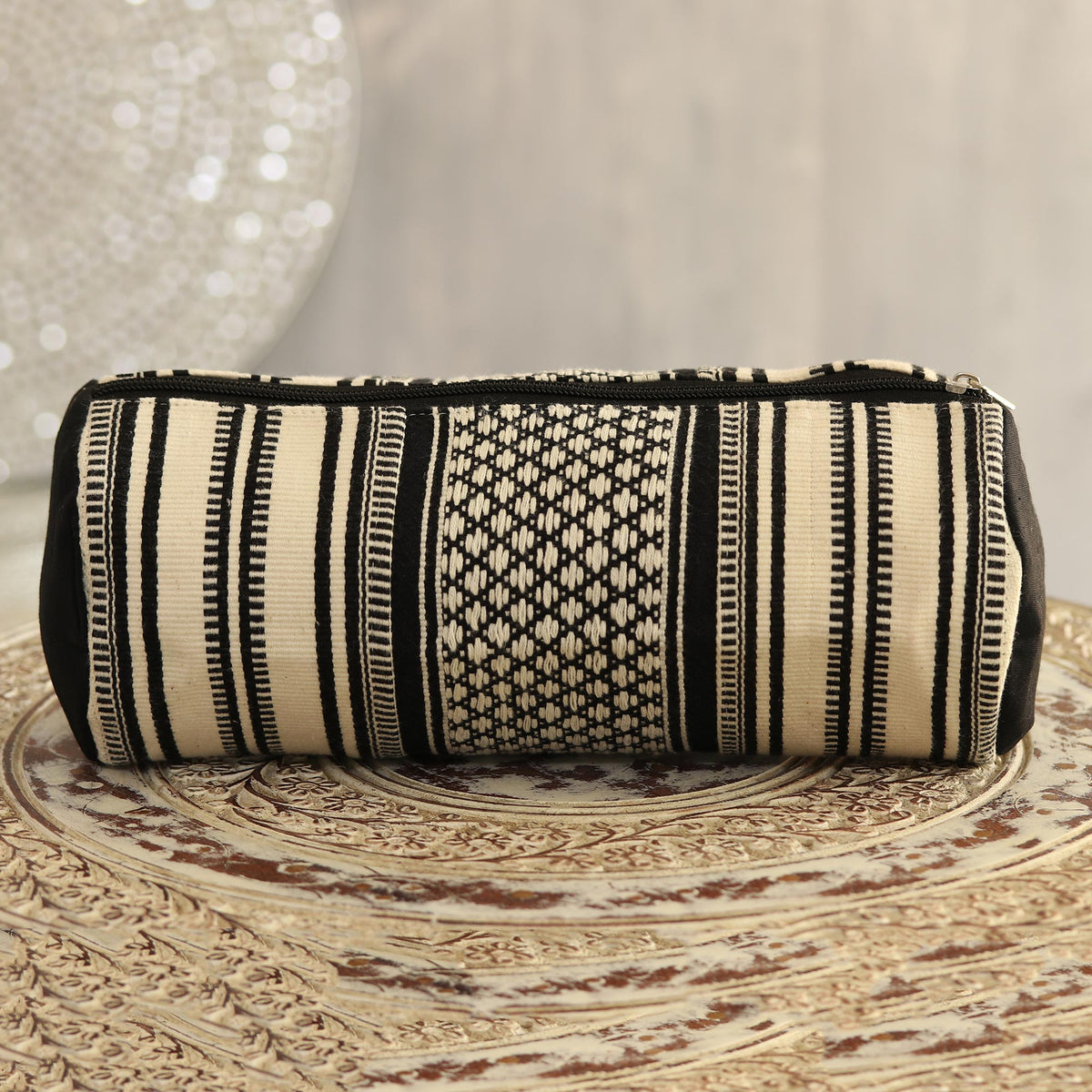 Alabaster and Black Cotton Cosmetic Bag from India