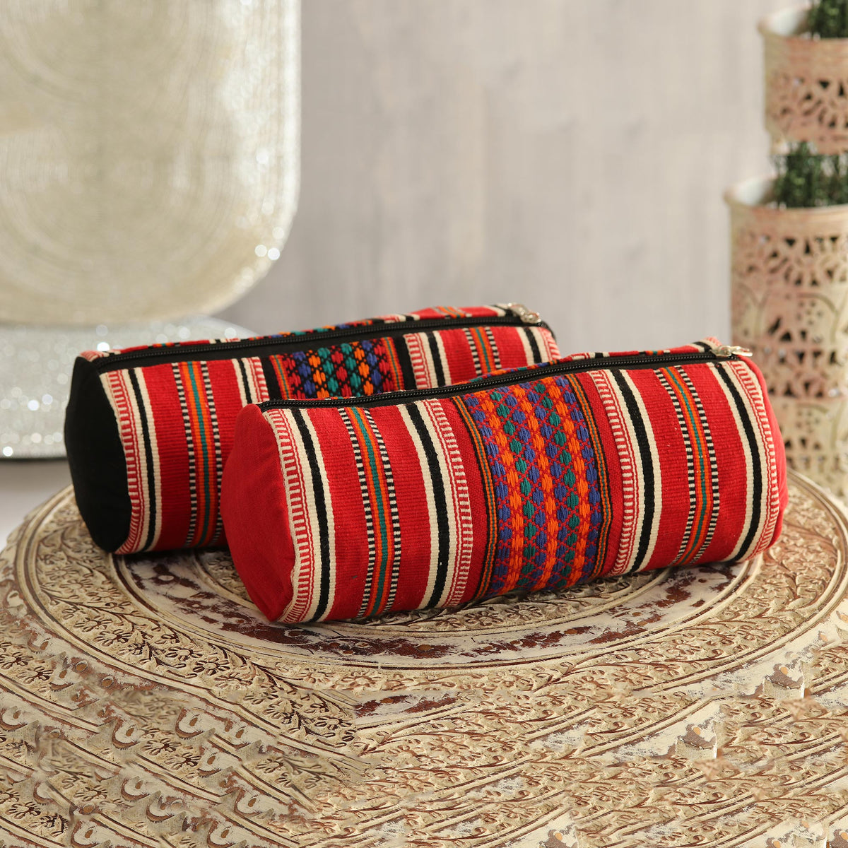 Striped Desire - a Multicolored Striped Cotton Cosmetic Bags from India (Pair)