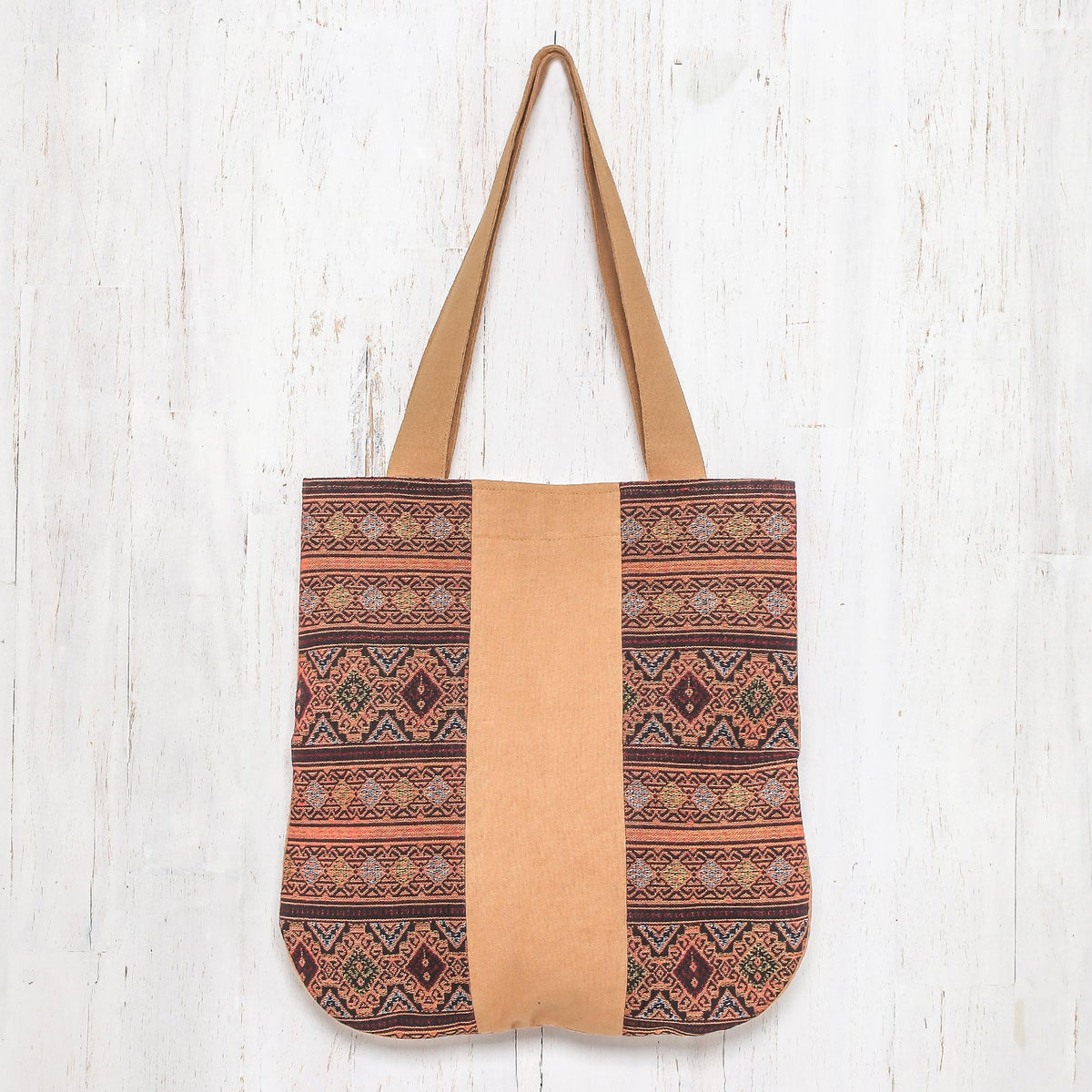 Geometric Cotton Shoulder Bag in Caramel from Thailand