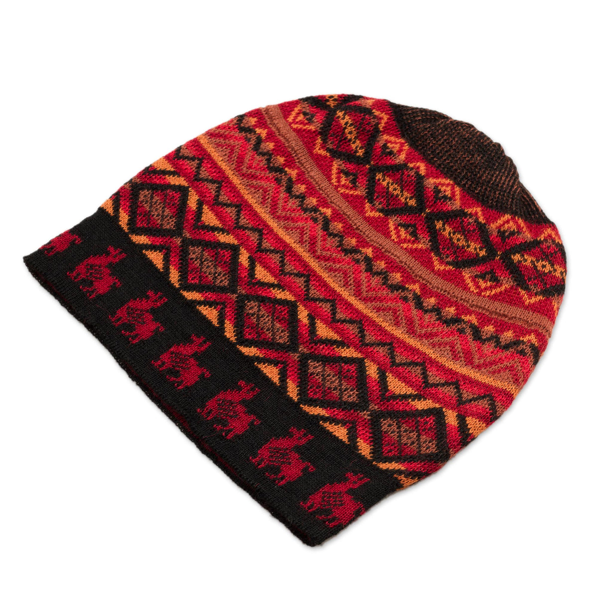 Alpaca Sunrise - a Red and Orange on Black Diamond Motif Alpaca Blend Knit Hat 