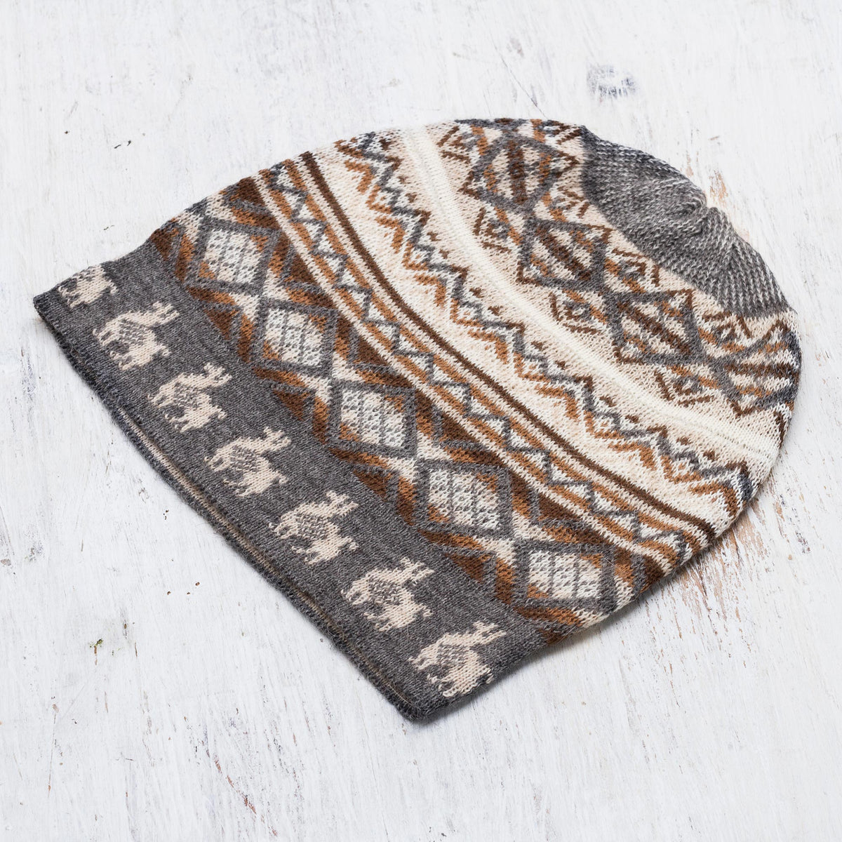 Alpaca Mountain - an Off-White Brown and Grey Diamond Motif Alpaca Blend Knit Hat