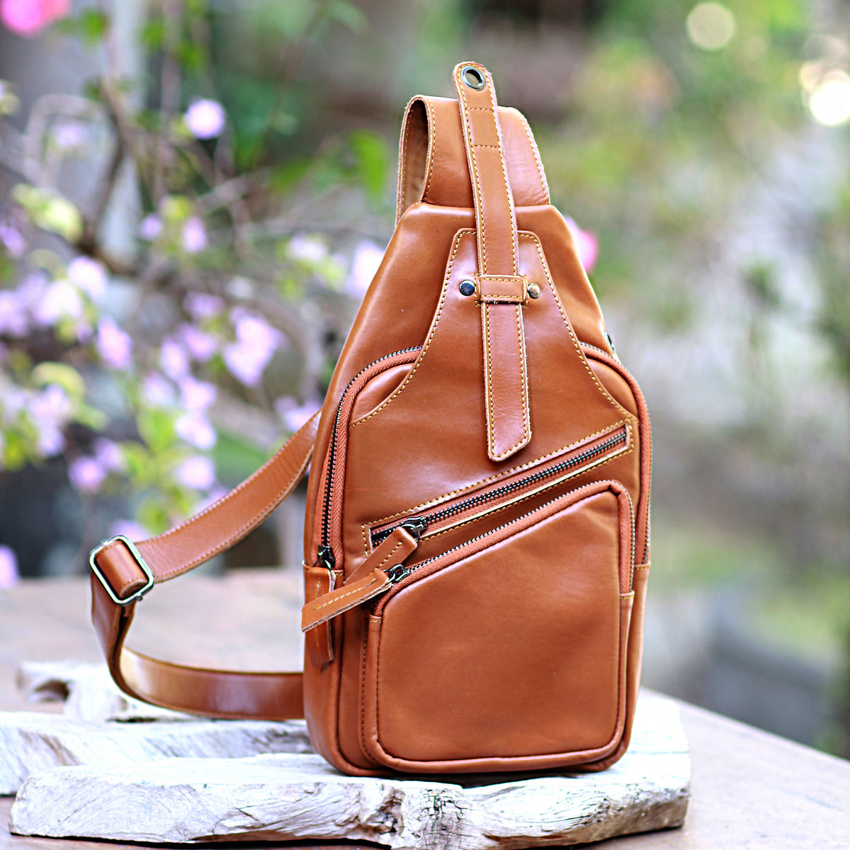 Solid Burnt Sienna Leather Backpack Sling - Easy Traveling