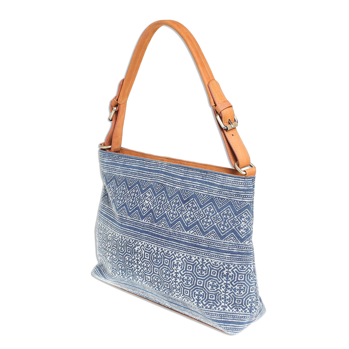 Hmong Hill Tribe Indigo Cotton Batik Handbag with Leather - Hmong Glyphs