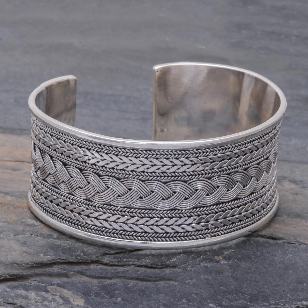 Mixed Braided Motifs Sterling Silver Cuff Bracelet - Exotic Waves