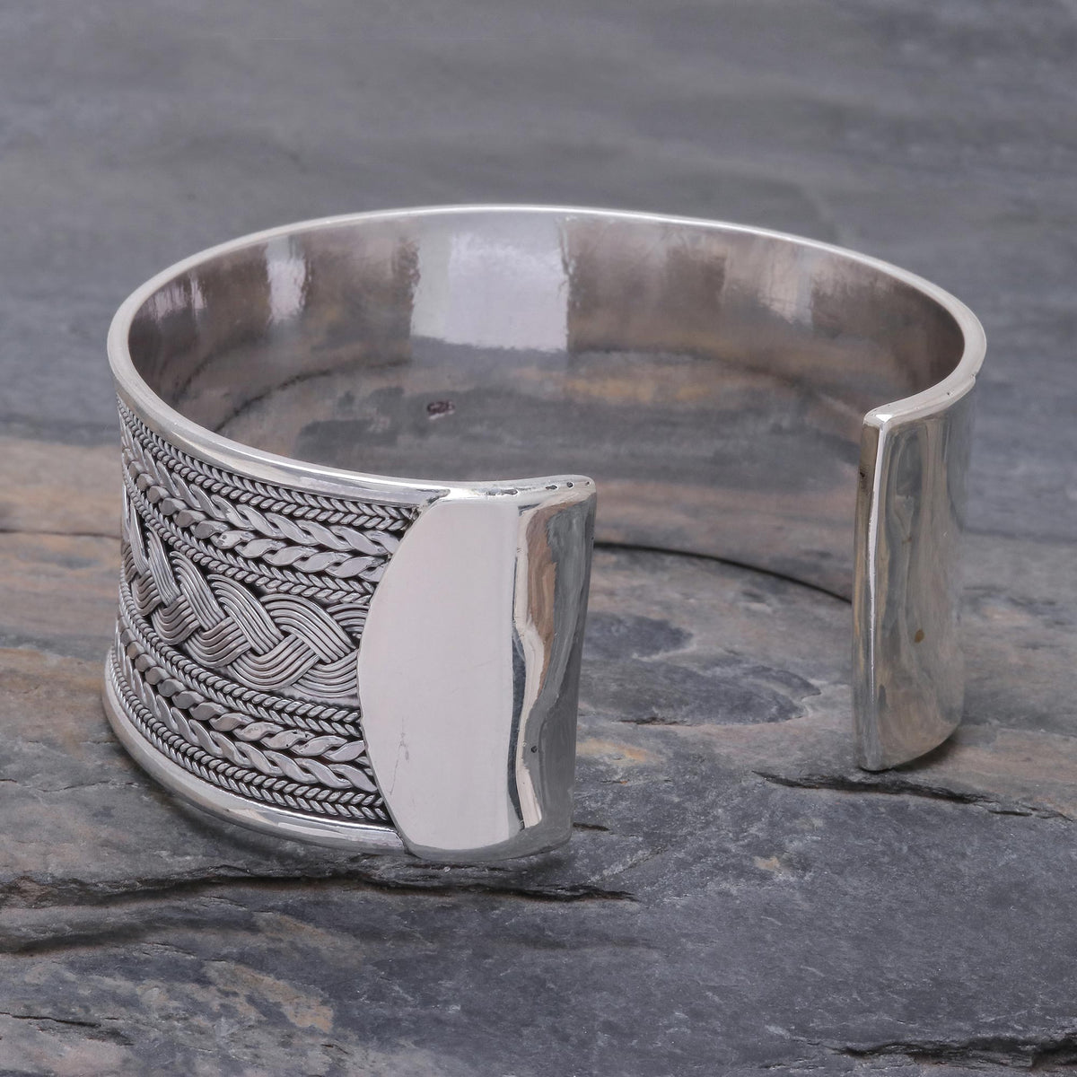 Mixed Braided Motifs Sterling Silver Cuff Bracelet - Exotic Waves