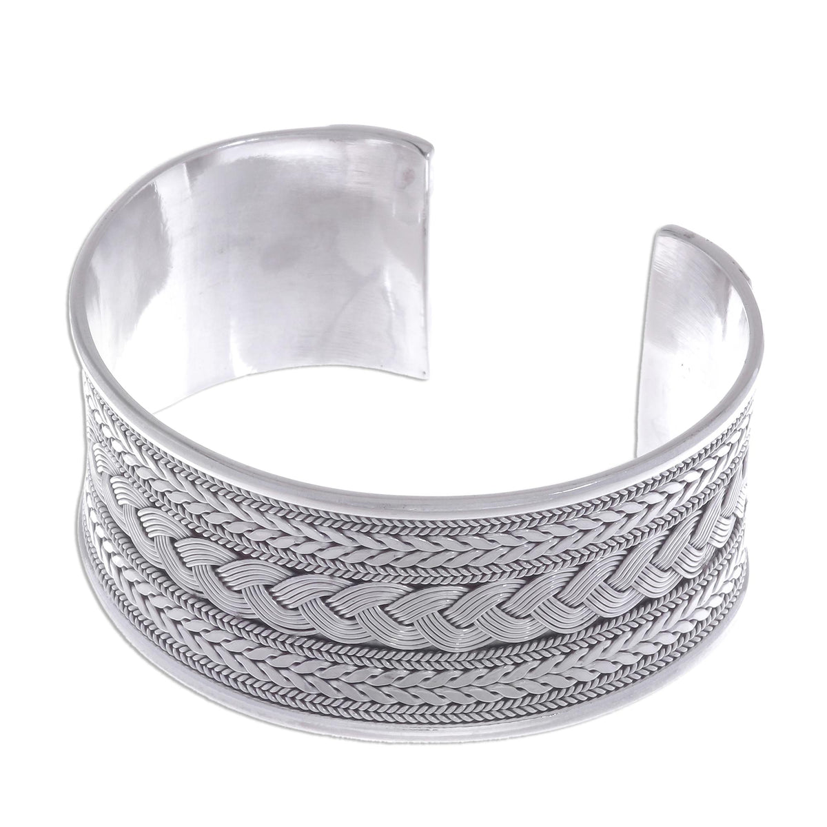 Mixed Braided Motifs Sterling Silver Cuff Bracelet - Exotic Waves