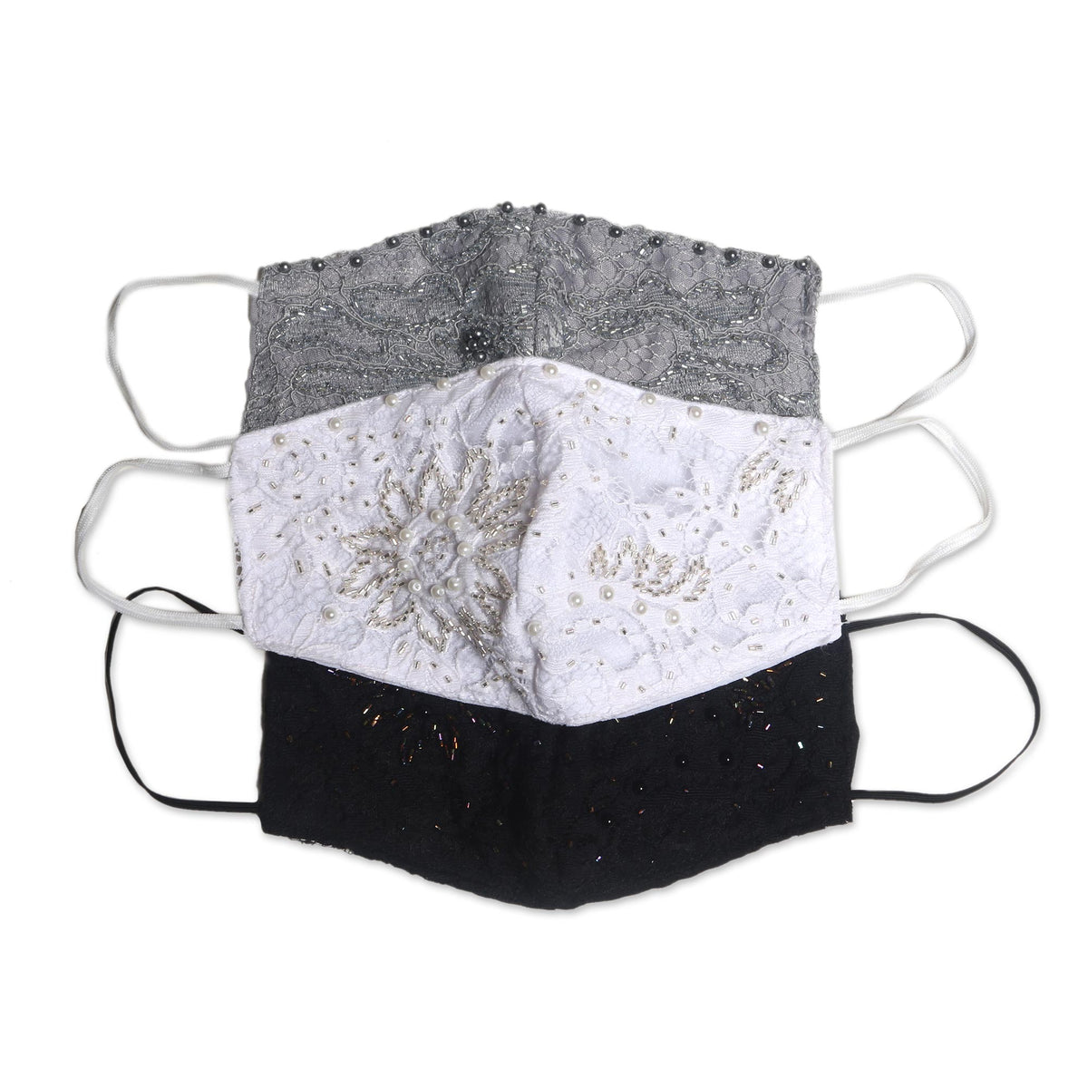 1 Grey-1 White-1 Grey Beaded Lace Balinese Face Masks - Island Fashion
