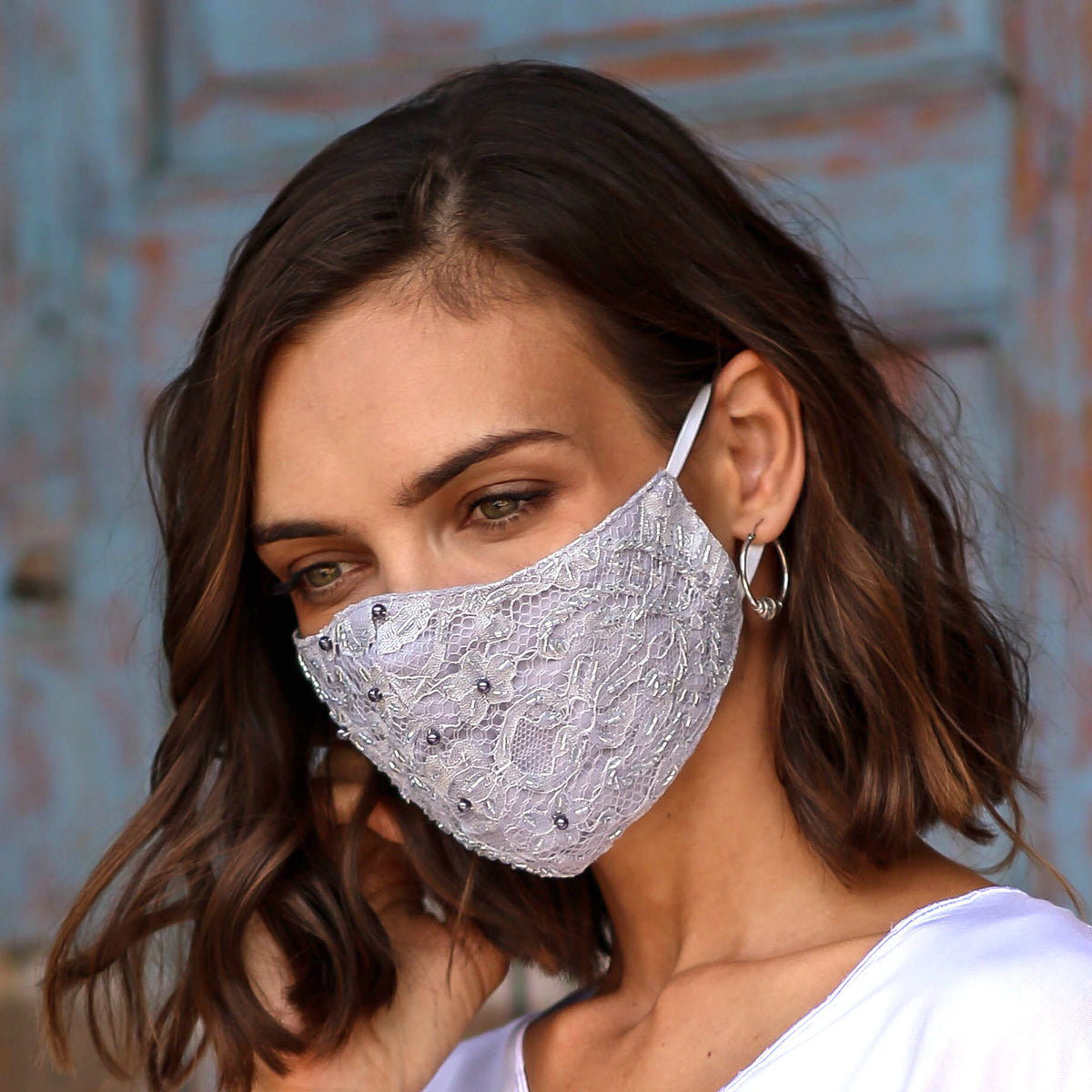 1 Grey-1 White-1 Grey Beaded Lace Balinese Face Masks - Island Fashion