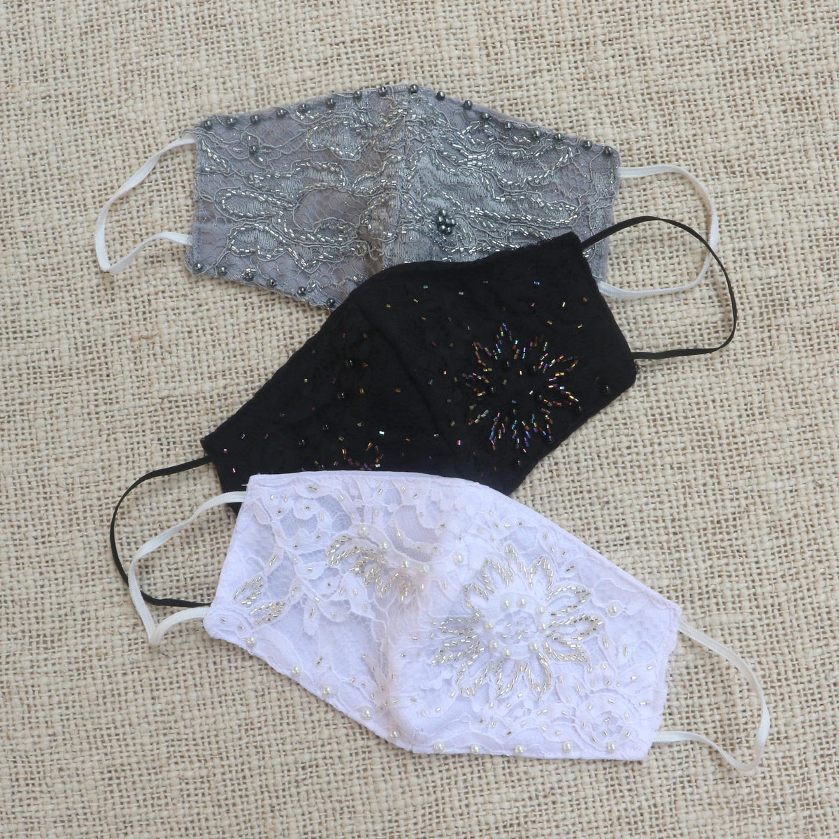 1 Grey-1 White-1 Grey Beaded Lace Balinese Face Masks - Island Fashion