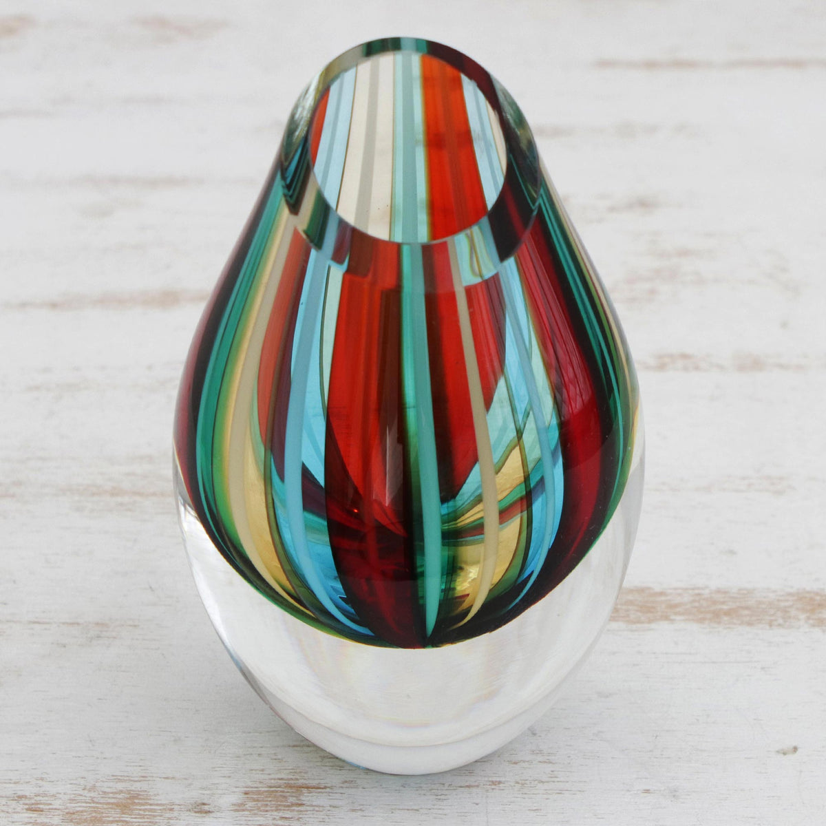 Crafted by Brazilian Artisans - a 6-inch Striped Murano-Style Art Glass Vase