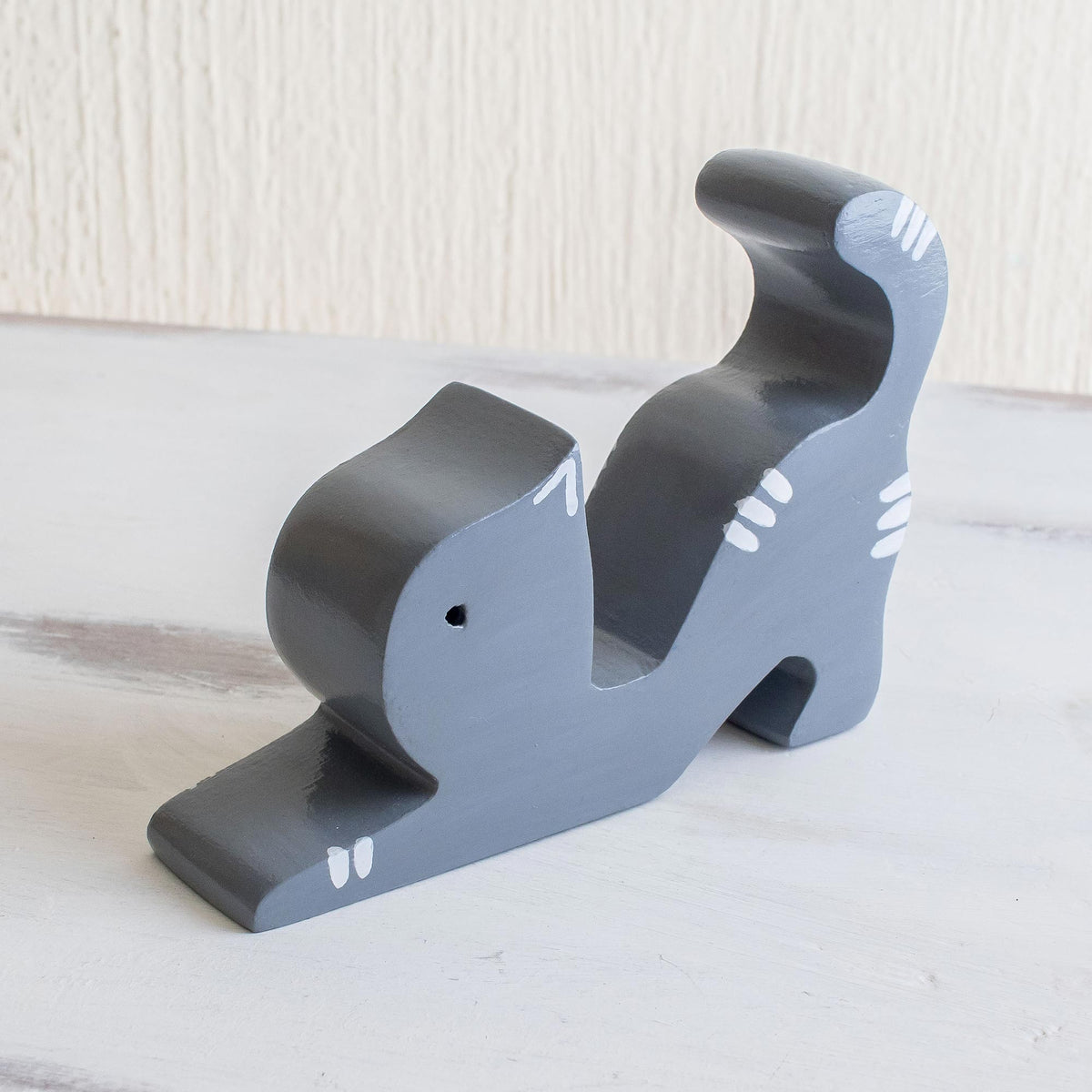 Stretching Cat - Hand-carved Grey Wood Cat Phone Holder